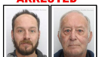 A poster showing the arrests of father and son Gerhard Wilhelm (73) and Christiaan Jacobus Liebenberg.