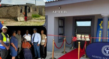 A collage of images of the before and after photos of a Kwamdakane family home as well as the people involved in the project.