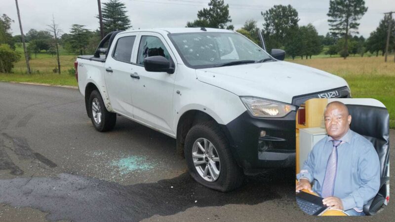 Two images compiled together. One image is of a white doublecab Isuzu bakkie, riddled with bullet holes and the second is of a municipal official from Newcastle Municipality.