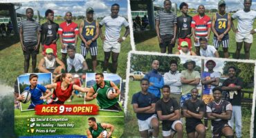 A collage of photos of rugby players and teams getting advertising a Touch Rugby Day Tournament.