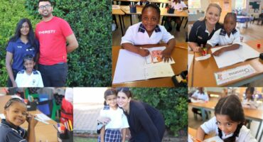 A collage of photos of grade 1 learners, teachers and parents at St Dominics Newcastle.