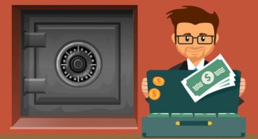 A illustration of a man with glasses behind an open briefcase filled with dollar bills. There is a square safe in the brown wall.