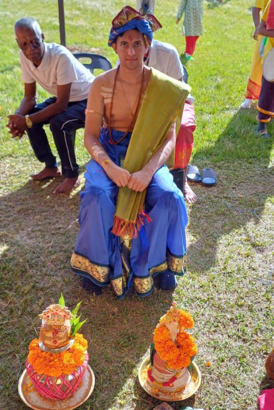 A man dressed in cultural attire posing at the Thaipoosam Kavady 2026 in Newcastle.