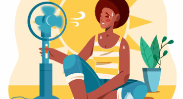 Illustration of a person cooling down indoors during extreme heat, sitting on the floor beside a fan with a large sun behind them, sweating, with a bottle of water nearby and a plant in the background.