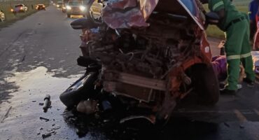 Image of a wrecked car that was involved in a head-on collision.