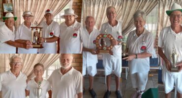 A photo collage of bowls players receiving trophies during a prize giving ceremony.
