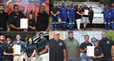 A collage of images of people receiving certificates at their business premises.