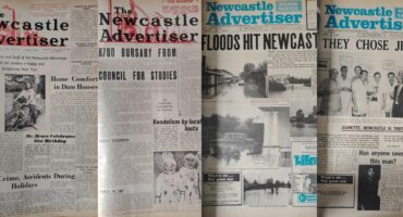 A collage of images of Newcastle Advertiser front pages over the years.