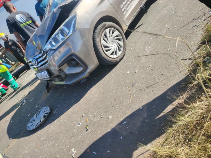 A grey vehicle with dents on the front bumber and bonnet is pictured after a collision in Newcastle.
