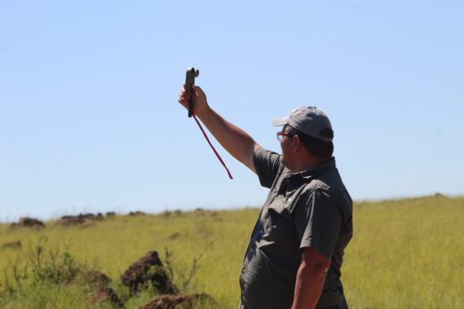 Image of a man standing in a field holding a Kestrel in the air.