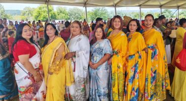 A group of women dressed in colourful cultural attire during the 2026 Thaipoosam kavady hosted in Newcastle.
