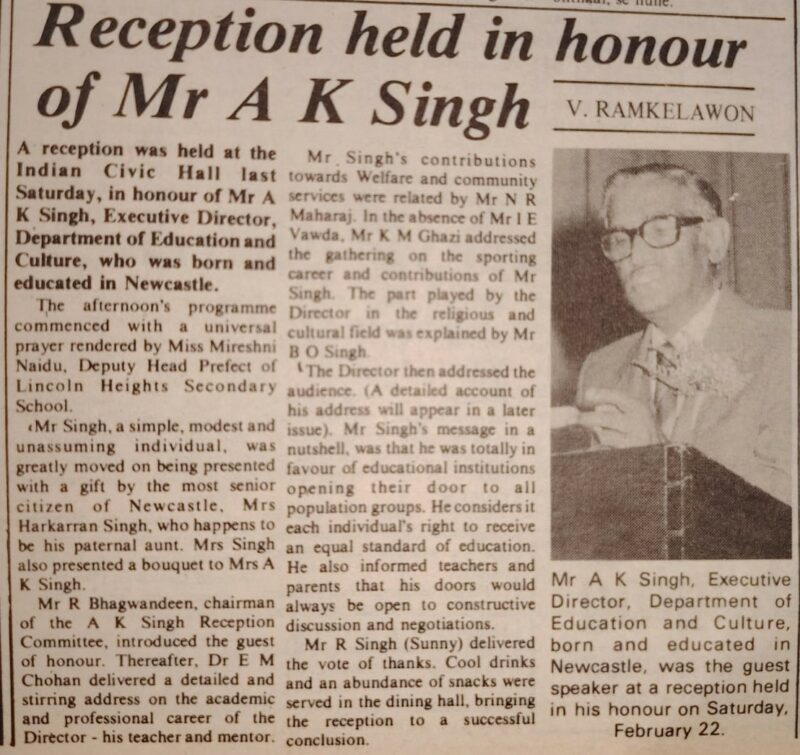 An article published on Mr A K Singh in the Newcastle Advertiser in the February 28, 1986 edition.