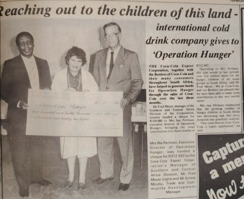An article written about a R300 000 checque donated to Operation Hunger in the Newcastle Advertiser's February 28, 1986 edition.