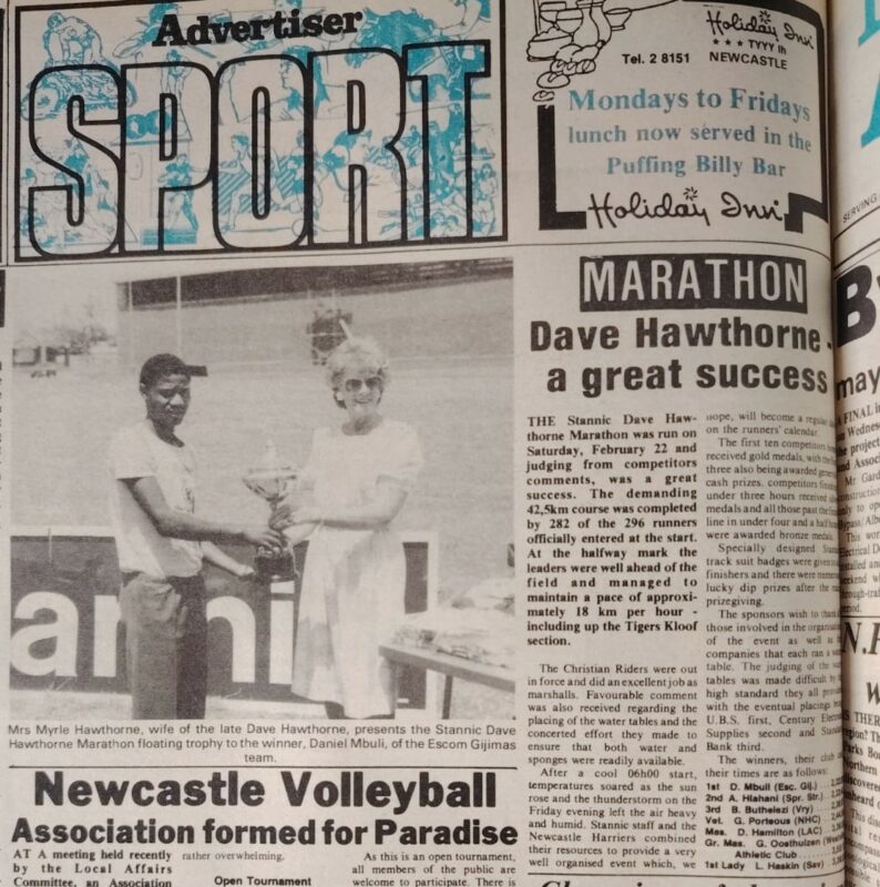 The Newcastle Advertiser published an article on Daniel Mbuli, who was the winner of the 1986 Dave Hawthorn Marathon floating trophy.