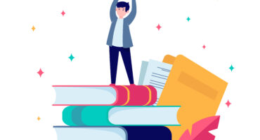 Man getting award in writing. Star, writer, feather flat vector illustration. Knowledge and education concept for banner, website design or landing web page