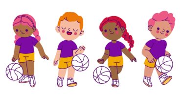 Illustration of four children playing netball with balls.