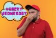 Young delivery man in red uniform and cap closing nose with fingers suffering from stench. There is #Wacky Wednesday written in a blue cloud with a black boarder.