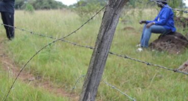 Image of a fence post and cut wire with a herder sitting behind it.