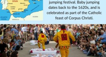 Men in yellow and red devillish outfits jumping over babies in Spain.