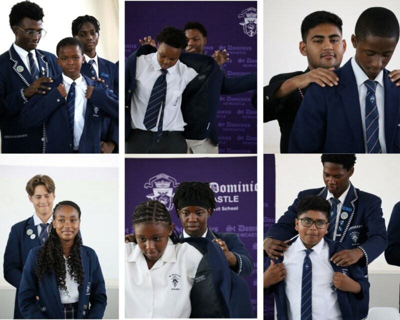 A collage of grade 12 students handing over the grade 8 students' blazers during the dedication ceremony.