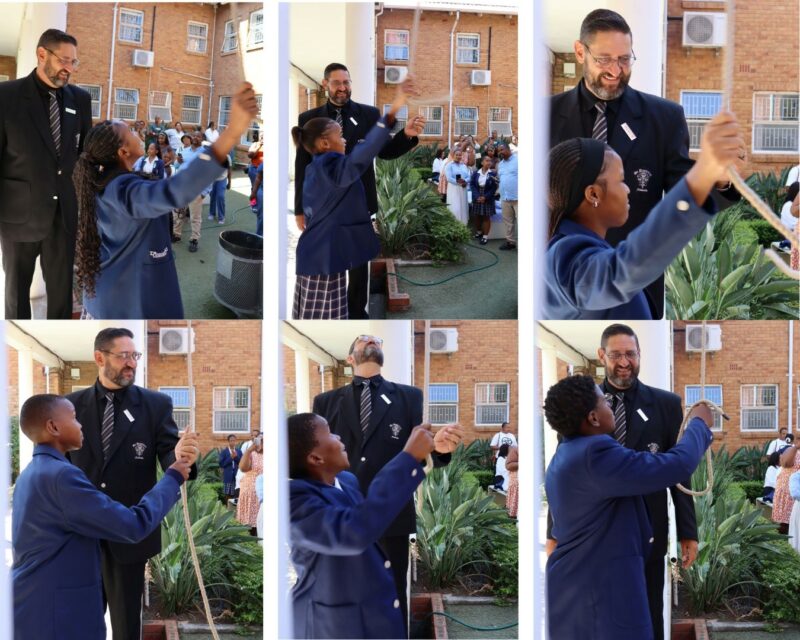 A collage of grade 8 students and Mr Ettiene Smit ringing the "small" bell to welcome the students to the school.