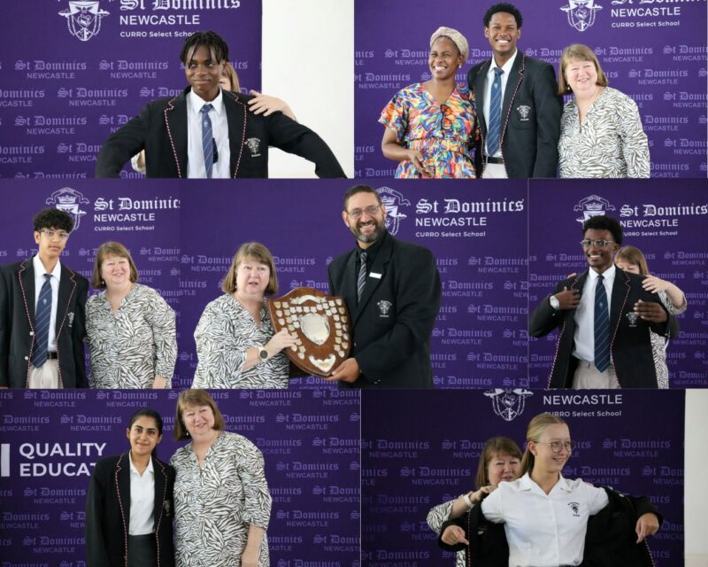 A collage of school students receiving blazers. Two teachers are holding the Dux award in the middle of the collage.