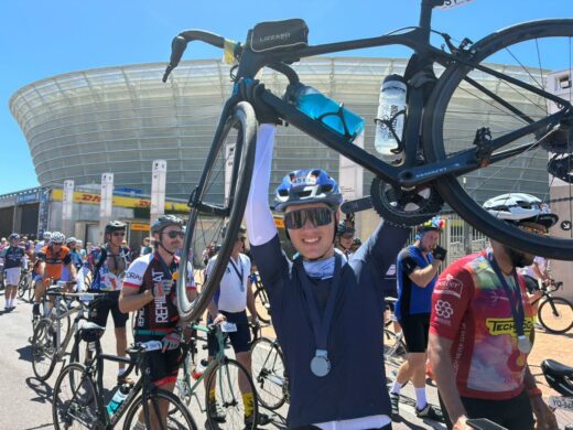 Phelan Jech, a Rotary exchange student from Germany, celebrates after completing the tour.