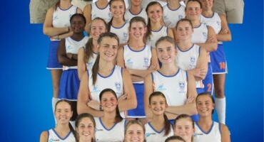 Image of first team hockey players, netball players and rugby players on a blue background.