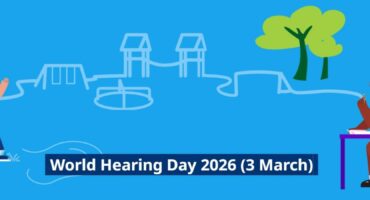 World Hearing Day 2026 banner showing two children connected by a sound line, dated 3 March.