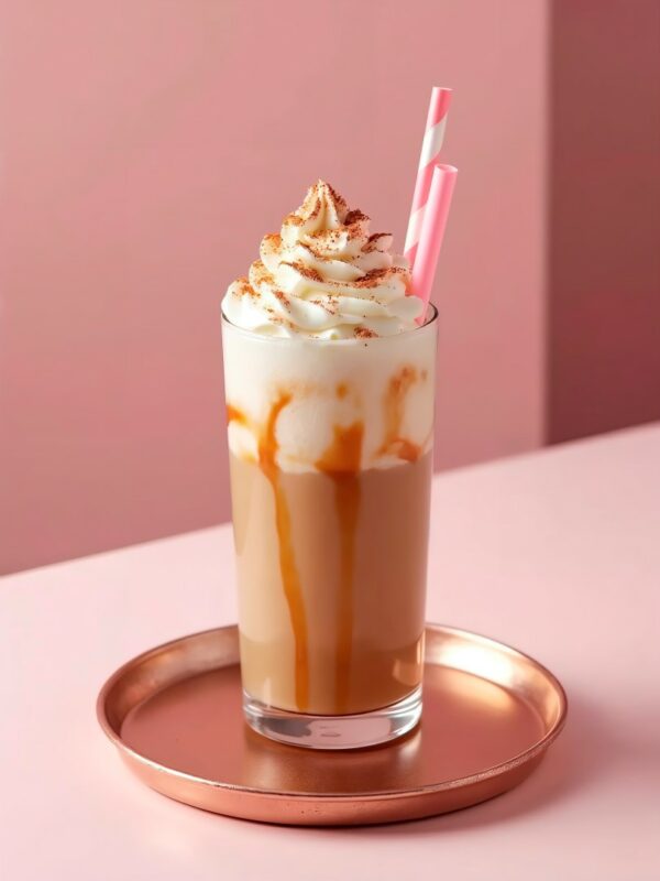 A photo of a glass of Caramel Iced Coffee against a pink background.