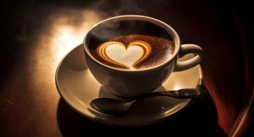 A overview photo of a cup of coffee on a wooden table in a dark light setting with a heart created with the milk.