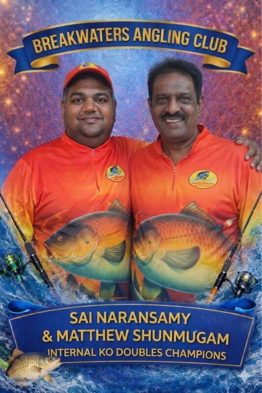 An AI image of two local anglers dressed in red and orange fishing attire with their winning titles on it.