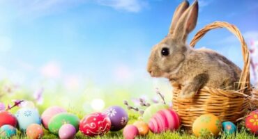 A rabbit in a basket with coloured eggs next to it.
