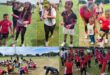 A collage of photo of children and grown ups participating in a colour run fun day.