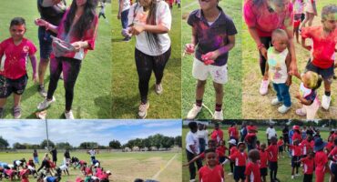 A collage of photo of children and grown ups participating in a colour run fun day.