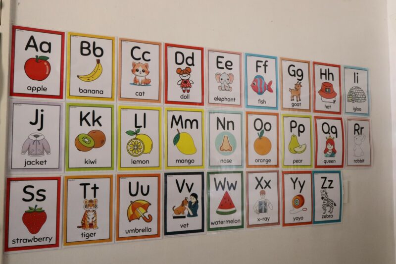 The alphabet in que-cards on the wall.