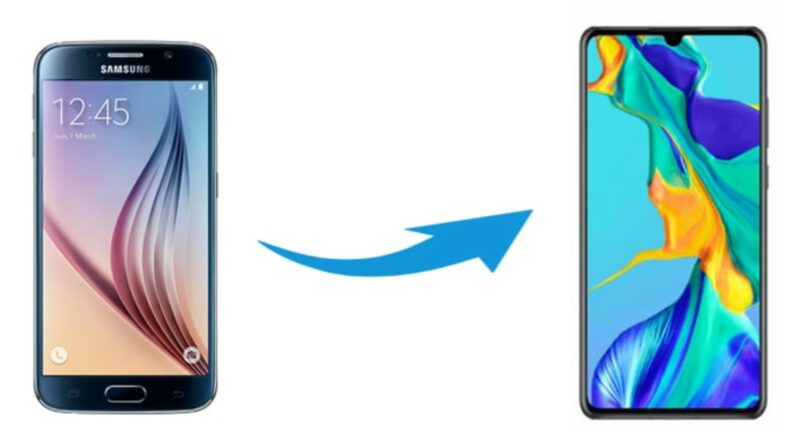 Smartphones are being compared to each other with a blue arrow pointing from the left hand phone to the right hand phone. Each phone is rectangular in shape.