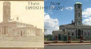 Then and now comparison of Newcastle Town Hall 1899 and 2026