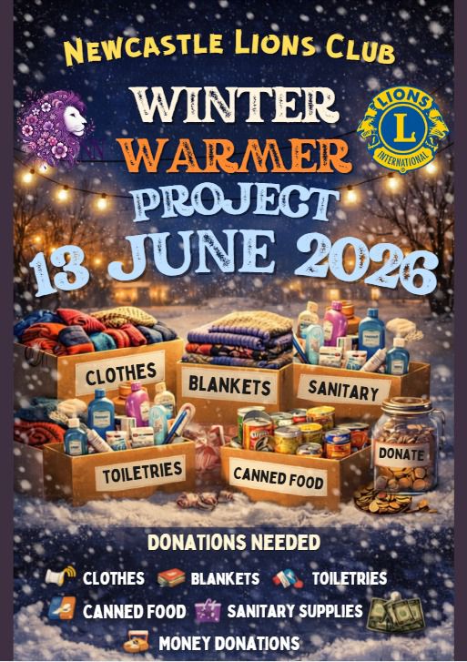 A poster created for the Newcastle Lions Club Winter Warmer Project. The poster is bright and colourful and has pictures of boxes and clothing and food in them.