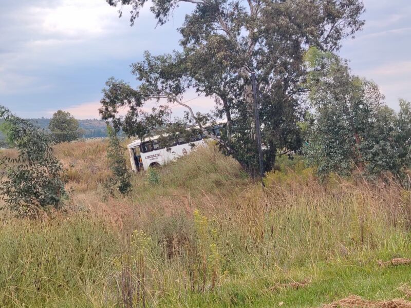 An image of a bus that crashed through a road barrier on the P38 Madadeni Road in Newcastle. You can see the bus hanging over the barrier in between trees.