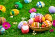 colorful Easter eggs photographed on green grass