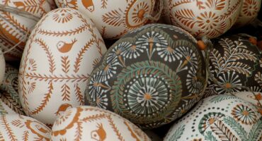 Geometric painted/carved Easter eggs.