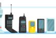 Cellphones different generations set. Line of vintage and modern mobile smart phones with antennas, small displays, touchscreens. Vector illustration for communication, technology, evolution concept.