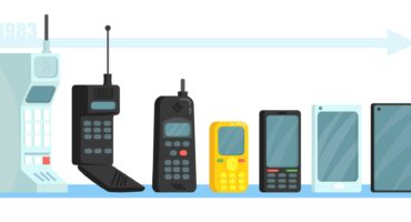 Cellphones different generations set. Line of vintage and modern mobile smart phones with antennas, small displays, touchscreens. Vector illustration for communication, technology, evolution concept.