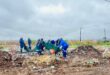 Several municipal workers dressed in blue overalls are pictured cleaning up an illegal dumping site.
