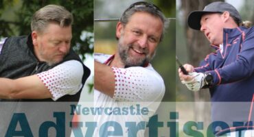 A collage of images of three golfers captured in action. A Newcastle Advertiser logo is also on the image in bold blue writing.