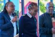 Three images of two men and one woman during a formal media briefing at the Newcastle Airport.