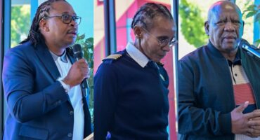 Three images of two men and one woman during a formal media briefing at the Newcastle Airport.