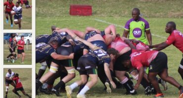 A collage of photos of the Newcastle Boschpick Highlanders playing against Nelspruit Rugby Club.