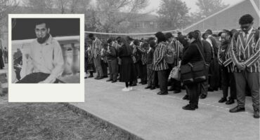 Two images; one of school leaners during a moment of silence and the other of an elderly man, sitting outside.